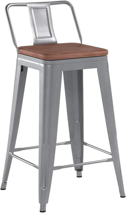 24 Inch Swivel Bar Stools Set of 4 with Backs Counter Height Industrial Metal Barstools Island Bar Chairs for Home Kitchen Dining Room (Swivel 24 inch, Silver Wooden)