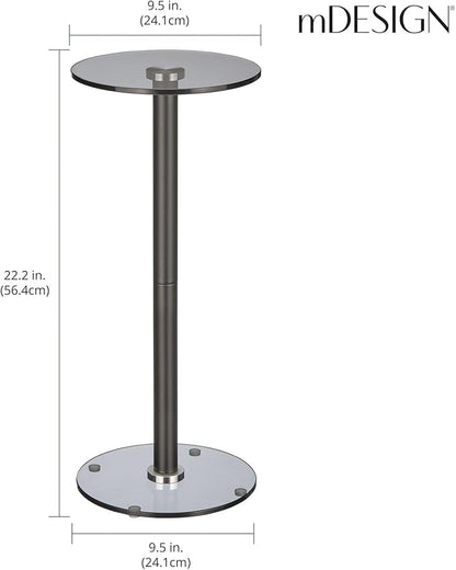 mDesign Glass Top Side/End Drink Table - Tall Modern Round Accent Metal Nightstand Furniture for Living Room, Dorm, Home Office, and Bedroom - 9" Round - Dark Smoke Gray/Black