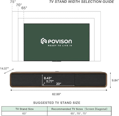 POVISON Fully Assembled Floating TV Stand, 63 inch Modern TV Stand with 3 Flip-Down Cabinet Doors, Solid Wood Floating Entertainment Center, Wall Mounted Media Console for Living Room