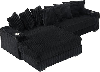 KEIKI 114" Corduroy Sofa with Cup Holders & Storage, L Shaped Sleeper Cloud Couch Set w/Reversible Chaise Lounge, Living Room Oversized Upholstered SofaBed for Apartment, Easy Assembly, Black