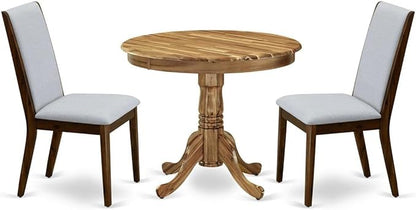 East West Furniture ANLA3-ANA-05 3 Piece Dining Set Contains a Round Kitchen Table with Pedestal and 2 Grey Linen Fabric Parsons Dining Chairs, 36x36 Inch, Natural