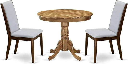 East West Furniture ANLA3-ANA-05 3 Piece Dining Set Contains a Round Kitchen Table with Pedestal and 2 Grey Linen Fabric Parsons Dining Chairs, 36x36 Inch, Natural