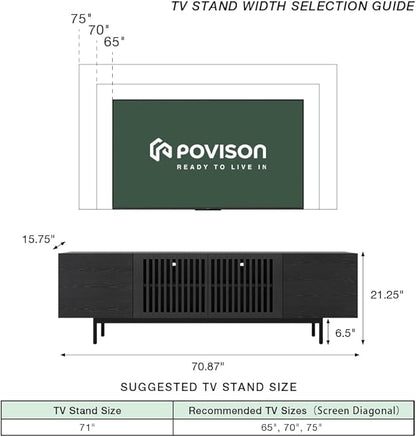 POVISON Full Assembled Mid-Century Modern TV Stand with Slatted Doors, Wood Media Console for 65-75 Inch TV, TV Console with Tall-cast Metal Legs, Entertainment Center with Storage for Living Room