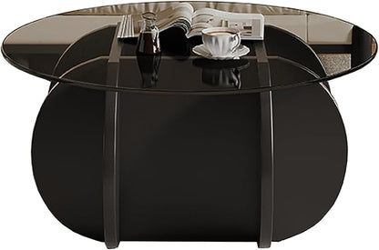 Mid Century Modern Round Glass Coffee Table for Living Room, Black Small Coffee Table for Center, Suitable for Bedroom Living Room Reception Office Tables (Black/Grey)