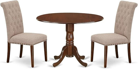 East West Furniture DLBR3-MAH-04 3 Piece Dining Room Furniture Set Contains a Round Dining Table with Dropleaf and 2 Light Tan Linen Fabric Parsons Chairs, 42x42 Inch, Mahogany
