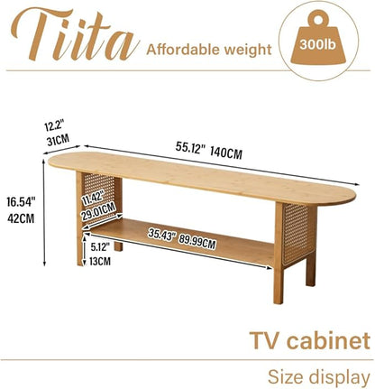 Tiita TV Stand with Storage for TVs up to 65'', Bamboo TV Console Entertainment Center with 2 Open Shelf, Mid Century Modern Media Console for Living Room, Bedroom, Wood