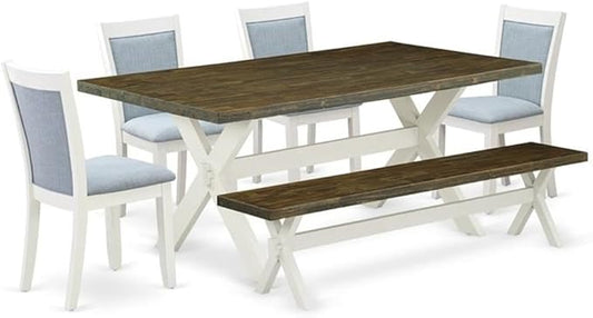 East West Furniture X077MZ015-6 6 Piece Dining Table Set Contains a Rectangle Kitchen Table with X-Legs and 4 Baby Blue Linen Fabric Upholstered Chairs with a Bench, 40x72 Inch, Multi-Color
