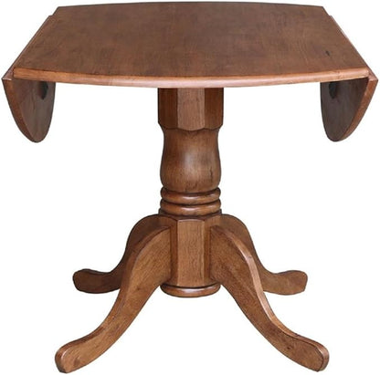 IC International Concepts 42-Inch Round Dual Drop Leaf Pedestal Dining Table, Elegant Space-Saving Furniture for Home and Office - Distressed Oak Finish