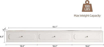 Retro Floating TV Console with 3 Doors,55'' High Gloss Floating TV Stand,Wall Mounted TV Cabinet,Contemporary Floating Media Console for Under TV Storage,Living Room,Bedroom(White)