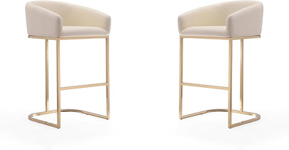 Manhattan Comfort Louvre 30 Inch Mid Century Modern Counter Height Bar Stools - Elegant Faux Leather Padded Seat, Stainless Steel Base with Footrest, Fully Assembled Barstools, Set of 2, Cream
