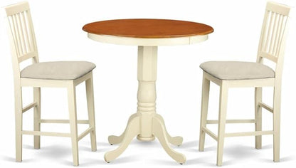 East West Furniture EDVN3-WHI-C 3 Piece Kitchen Counter Height Dining Set Contains a Round Dining Room Table with Pedestal and 2 Linen Fabric Upholstered Chairs, 30x30 Inch, Buttermilk & Cherry