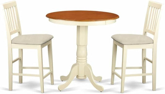 East West Furniture EDVN3-WHI-C 3 Piece Kitchen Counter Height Dining Set Contains a Round Dining Room Table with Pedestal and 2 Linen Fabric Upholstered Chairs, 30x30 Inch, Buttermilk & Cherry