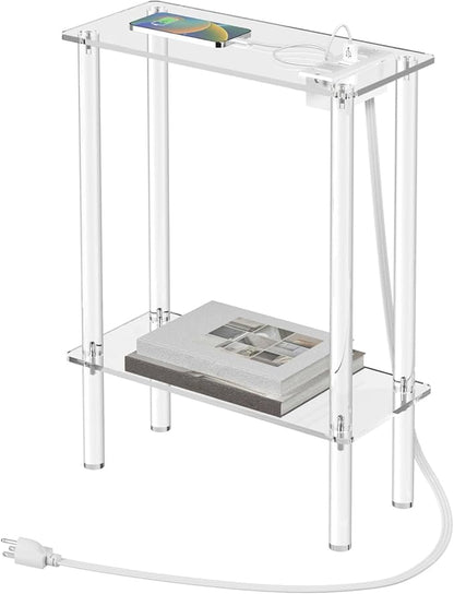 HMYHUM Acrylic Narrow Side Table with Charging Station, 7" Width, 2 Tier Small End Table for Small Spaces, Skinny Nightstand/Bedside Table with USB Ports & Outlet, Clear