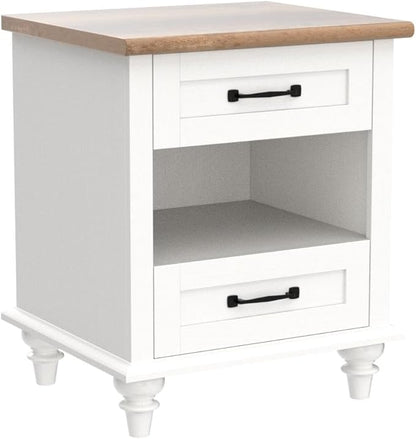 WAMPAT Set of 2 Nightstands with Charging Station & 2 Drawers, Mid Century Modern End Tables Side Table for Living Room, White Wooden Nightstand Bedside Table for Bedroom & Dorm