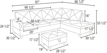 Light Blue L-Shaped 3-Piece Linen Sofa with Storage Ottoman Set, Sectional Couch Sofa Set for Living Room, Office, Small Space