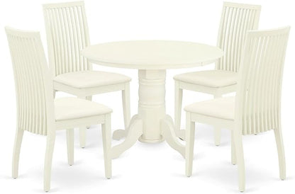 East West Furniture SHIP5-WHI-C 5 Piece Dining Room Furniture Set Includes a Round Kitchen Table with Pedestal and 4 Linen Fabric Upholstered Dining Chairs, 42x42 Inch, Linen White