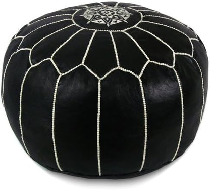 Stuffed Round Design Moroccan Leather Pouf Ottoman, Handmade, Pre-Filled, 100% Genuine Leather, 13” Height x 20” Diameter, Footstool & Living Room Décor (Black with White Stitches)