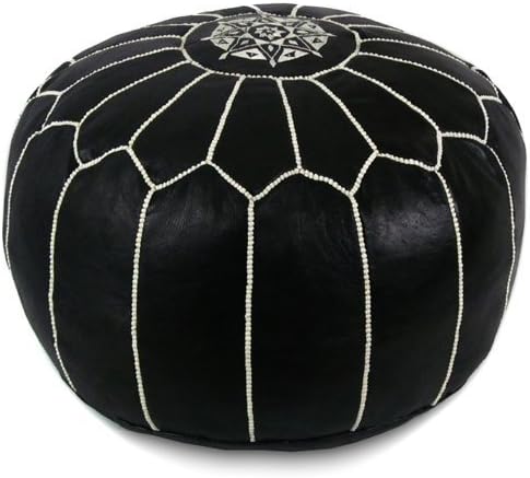 Stuffed Round Design Moroccan Leather Pouf Ottoman, Handmade, Pre-Filled, 100% Genuine Leather, 13” Height x 20” Diameter, Footstool & Living Room Décor (Black with White Stitches)