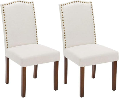 Kitchen Chairs Set of 2 Modern Upholstered Fabric Seat with Nailhead Trim and Ergonomic Lumbar Support for Living Room and Rustic Farmhouse Dining Area, Beige