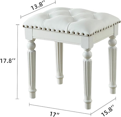 Vanity Bench Stool with Microfiber Leather Cushion, Vanity Chair Ottoman Dressing Stool with Solid Wood Legs for Bedroom, Makeup Room, Dressing Room (White)