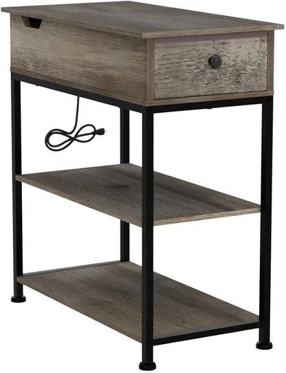 WLIVE Narrow Side Table with 2 USB Ports and 2 Outlets, Flip Top End Table with Drawer and Storage Shelves, End Stand with Charging Station for Living Room, Bedroom, Small Spaces, Greige