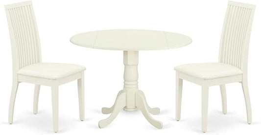 East West Furniture DLIP3-WHI-C 3 Piece Kitchen Table Set for Small Spaces Contains a Round Dining Table with Dropleaf and 2 Linen Fabric Dining Room Chairs, 42x42 Inch, Linen White