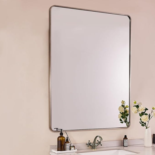 ANDY STAR 48x32 Inch Brushed Nickel Bathroom Mirror, Rounded Rectangle Bathroom Vanity Mirrors for Wall, Anti-Rust SUS304, Seamless Tube Metal Frame, 1’’ Deep Wall Mounted Vertically/Horizontal