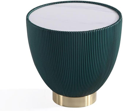 Manhattan Comfort Anderson Modern 18" Round End Table 2.0 | Ceramic Marble Tabletop, Elegant Pleated Leatherette Design & Gold Stainless Steel Base, Fully Assembled Accent Furniture, Set of 1, Green