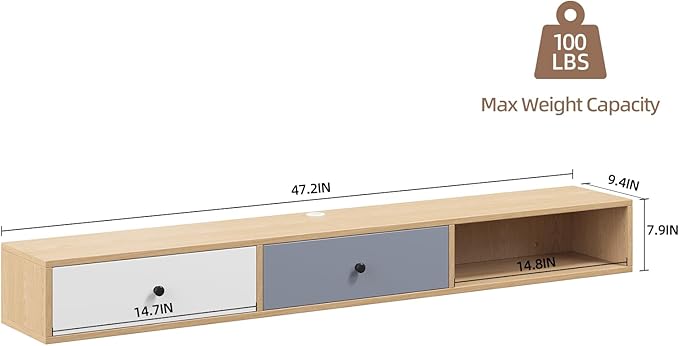 Modern Floating TV Stand with Doors, 47 Inch Wall Mounted TV Console,Floating Media Console Cabinet Under TV Shelf for Living Room Bedroom,Natural