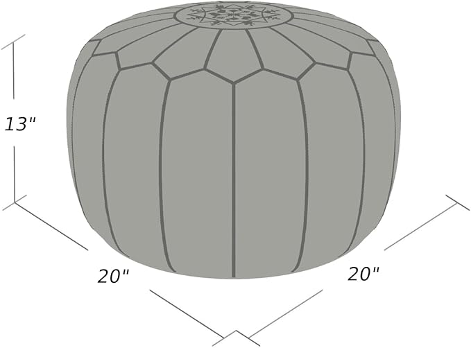 Stuffed Round Design Moroccan Leather Pouf Ottoman, Handmade, Pre-Filled, 100% Genuine Leather, 13” Height x 20” Diameter, Footstool & Living Room Décor (Papaya)