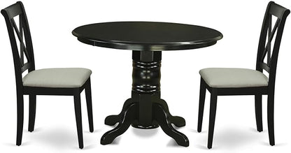 East West Furniture SHCL3-BLK-C 3 Piece Modern Dining Table Set Contains a Round Kitchen Table with Pedestal and 2 Linen Fabric Kitchen Dining Chairs, 42x42 Inch, Black
