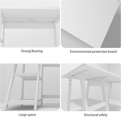 Natwind 47" White Desk with 2-Tier Storage Shelves,Home Office Computer Desk, Study Table for Kids Student Girls,Writing Desk,Modern Simple Basic Desk Workstation for Bedroom Home Office