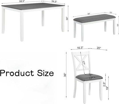 Dining Table Set for 5, 6-Piece Kitchen Table & Chairs Set with Rectangular Table, Bench & 4 Upholstered Chairs, 58.5'' Dinner Set with Wood Legs & X-Shaped Backrest for Kitchen, White&Gray