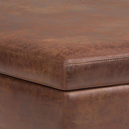 SIMPLIHOME Owen 40 inch Wide Mid Century Modern Square XL Coffee Table Storage Ottoman in Distressed Saddle Brown Vegan Faux Leather, Assembled, For the Living Room, Entryway and Family Room