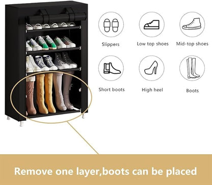 Calmootey 5 Tier Shoe Rack Organizer,Portable Shoe Shelf with Nonwoven Fabric Cover for Closet Hallway,Bedroom,Entryway,Black