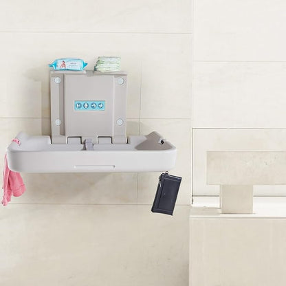 Fold Down Baby Changing Station Wall Mount Horizontal Baby Change Table with Safety Straps for Commercial Restrooms (2 White Granite)