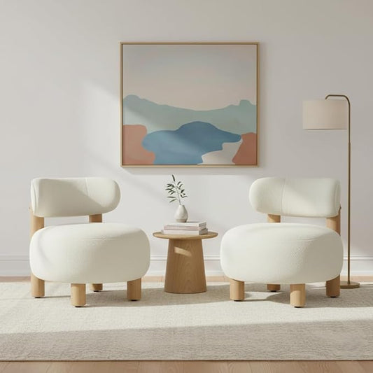 Modern Boucle Accent Chair Set of 2, with Plush Faux Sherpa Upholstery, Curved Backrest, Solid Wood Legs for Living Room Bedroom Reading Nook, 27.5", White