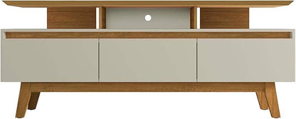 Manhattan Comfort Yonkers 71 Inch Mid Century Modern TV Stand with Storage, 3 Flip Down Door, Hole for Wire Management, Fits Up to 60" Television, Durable & Versatile Console Table, Off White/Cinnamon