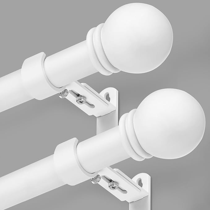 Curtain Rods for Windows 16 to 48 Inches, Curtain Rod Max Adjustable Length of 60 IN, 1" Diameter Drapery Rods Round Finials, White, Pack of 2