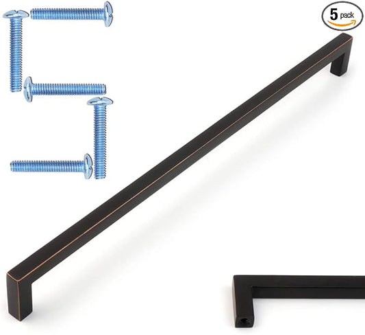 KOOFIZO Solid Square Bar Cabinet Handle - Oil Rubbed Bronze Furniture Pull, 10 Inch/256mm Screwhole Distance, Pack of 5 for Kitchen Cupboard Door, Bedroom Dresser Drawer, Bathroom Wardrobe Hardware