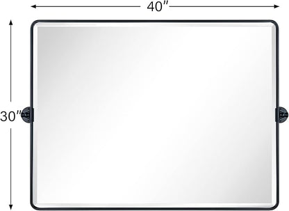 TEHOME 40x30'' Pivoting Bathroom Vanity Mirror Large Matt Black Metal Framed Rectangle Tilting Beveled Vanity Mirrors for Wall, Horizontal Hanging