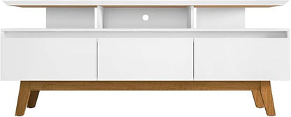 Manhattan Comfort Yonkers 71 Inch Mid Century Modern TV Stand with Storage, 3 Flip Down Door, Hole for Wire Management, Fits Up to 60" Television, Durable & Versatile Console Table, White