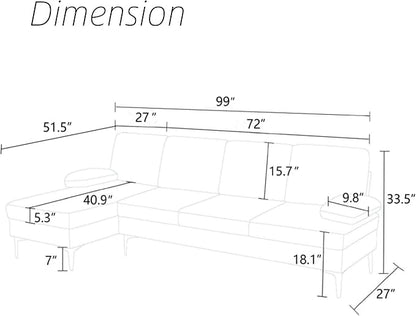 L Shape Sofa with Chaise, 4 Seat Living Room Sofa Set with Golden Wooden Leg, Sectional Couch with Fluffy Fabric, for Living Room, Apartment, Off-White