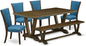 East West Furniture V777VE721-6 6 Piece Dining Table Set Contains a Rectangle Dining Room Table with V-Legs and 4 Blue Color Linen Fabric Parson Chairs with a Bench, 40x72 Inch, Multi-Color