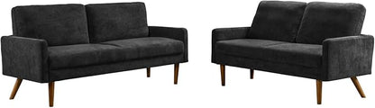 Kent 2 Piece Velvet Sofa and Loveseat Set, European Style with Modern & Vintage Flair, Upholstered 5 Seater Couch, Chic Living Room Furniture Seating for Home, Apartment or Office, Black