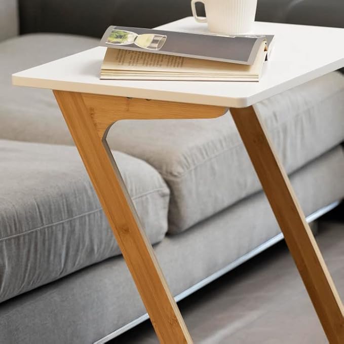 Forevich Bamboo Modern Tv Trays Table for Eating, Wood Couch Table End Snack Desk Sofa Side Table Z Shaped White
