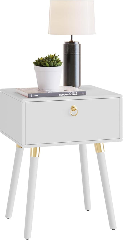 Bme Alden Wood Nightstand, Solid Wood End Table, Mid Century Modern Nightstand, Side Table with 1 Drawer, Compact for Bedroom, Living Room & Study Room, Easy Assembly, Ivory White