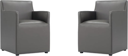 Manhattan Comfort Anna Square Modern Dining Chair with Arms, Head-to-Toe Faux Leather Upholstered Accent Armchair with Plastic Foot Padding, Set of 2, Pewter