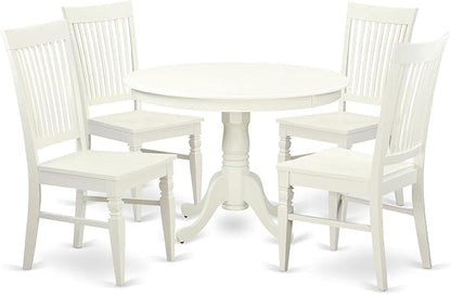 East West Furniture HLWE5-LWH-W 5 Piece Dining Set Includes a Round Dining Table with Pedestal and 4 Kitchen Chairs, 42x42 Inch, Linen White