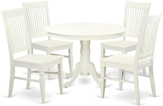 East West Furniture HLWE5-LWH-W 5 Piece Dining Set Includes a Round Dining Table with Pedestal and 4 Kitchen Chairs, 42x42 Inch, Linen White